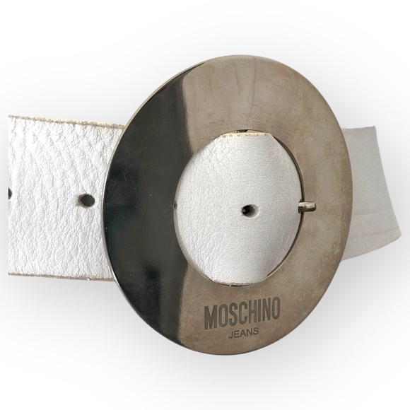 MOSCHINO JEANS White Silver 90\'s Oversized Round Leather Belt